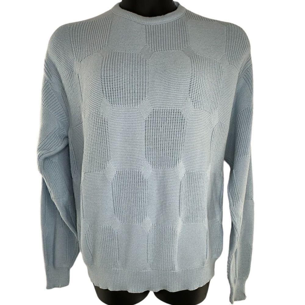 Isle of Cotton Womens Checkerboard Rib Knit Crewneck Pullover Sweater Blue Large